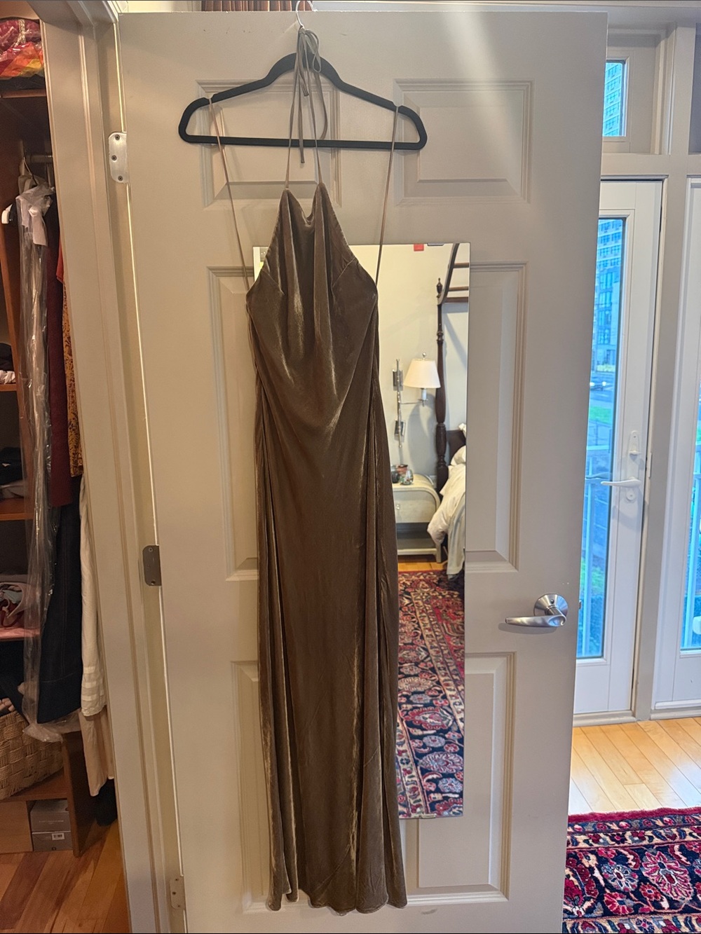 Reformation Halter Velvet Evening Gown - Olive Brown